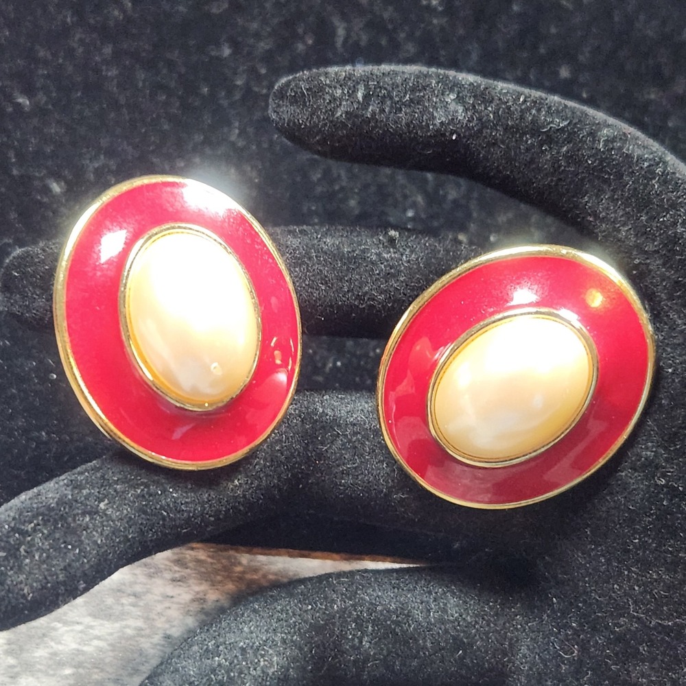 Monet Vintage Gold Tone Red Enamel Faux Pearl Oval Clip On Earrings Statement